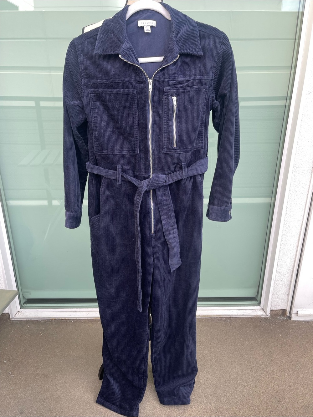 Topshop Corduroy Zip-Front Jumpsuit in Navy Small 6
